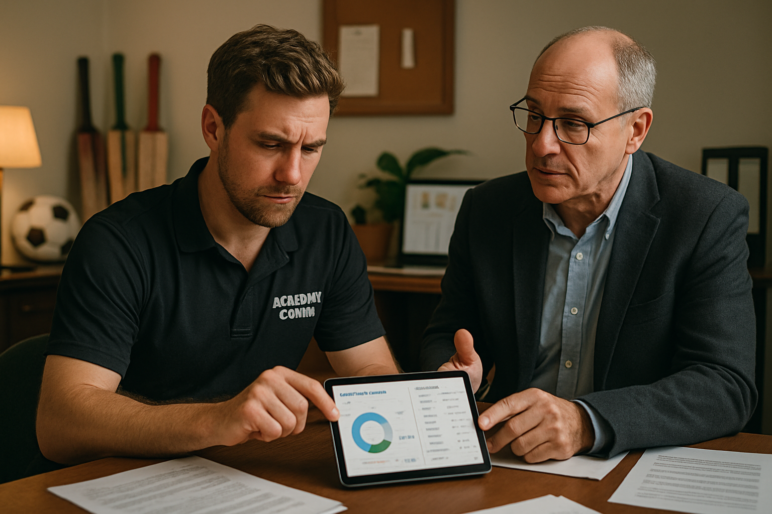 Coach reviewing detailed player assessments and training attendance records on tablet with academy owner in a cricket and football academy office