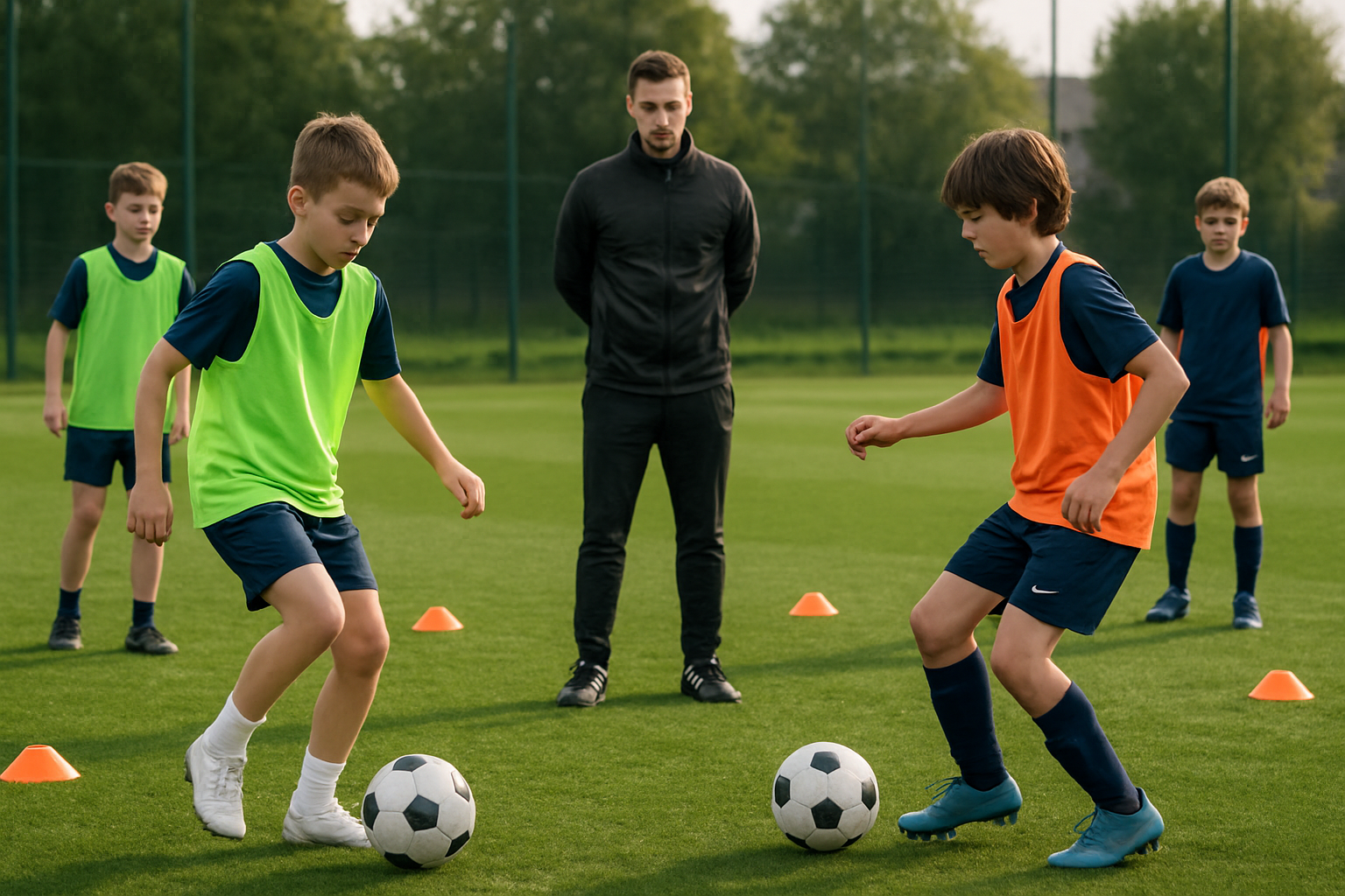 youth football players practicing disciplined drills at academy training session
