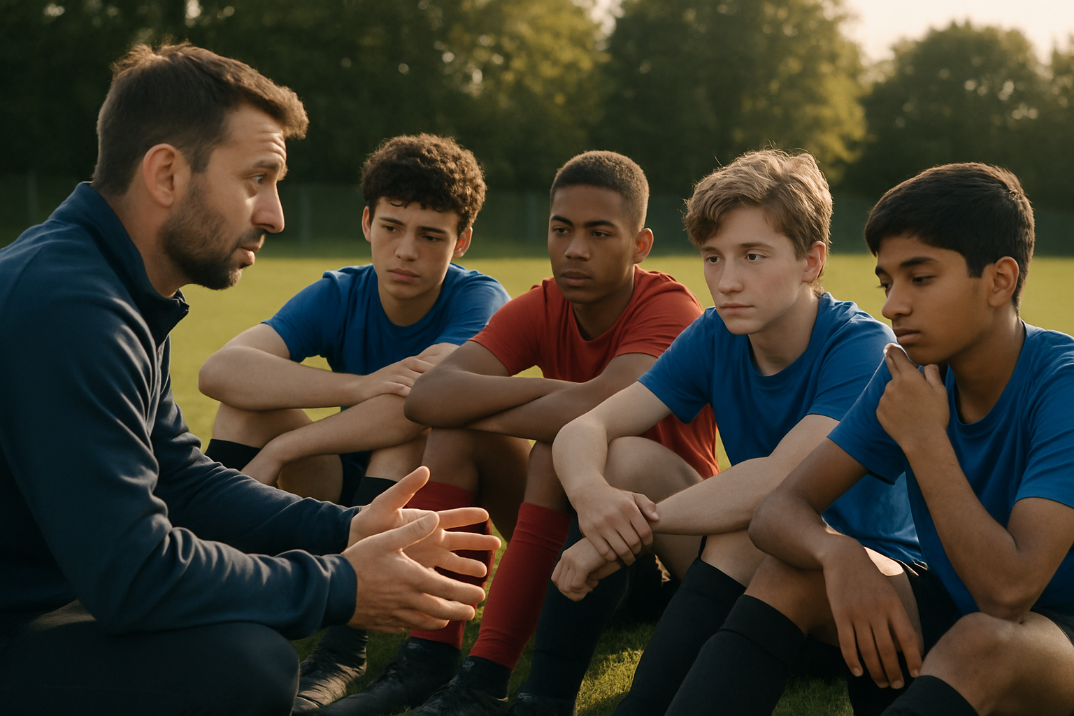 coach giving feedback and young players reflecting after training