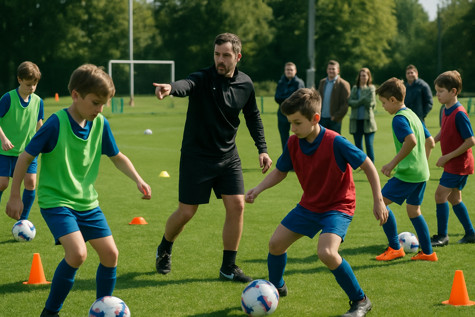 Parents observing a grassroots football training session at a youth academy