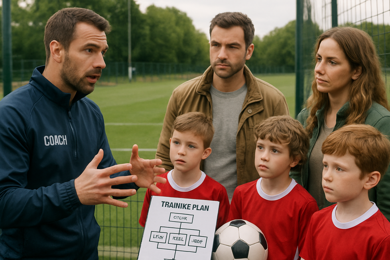 Coach explaining training plans to parents and young players at a youth football academy