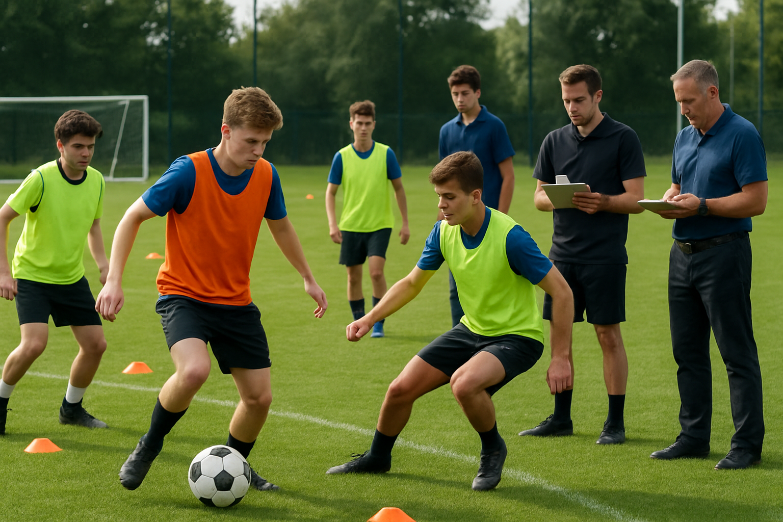 Youth football coaches evaluating players during a grassroots academy training session