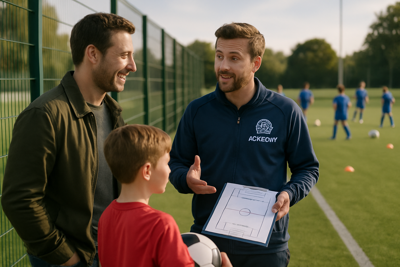 Parent and coach discussing player development and enrollment at a youth football academy