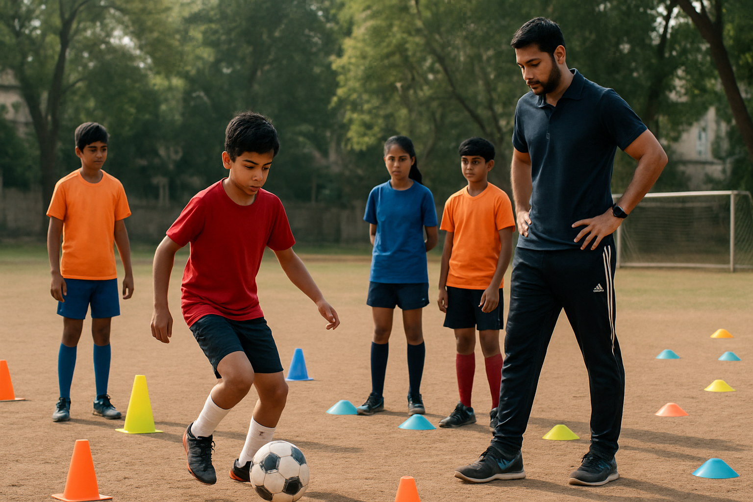 Young players training under coach in Indian sports academy outdoor ground