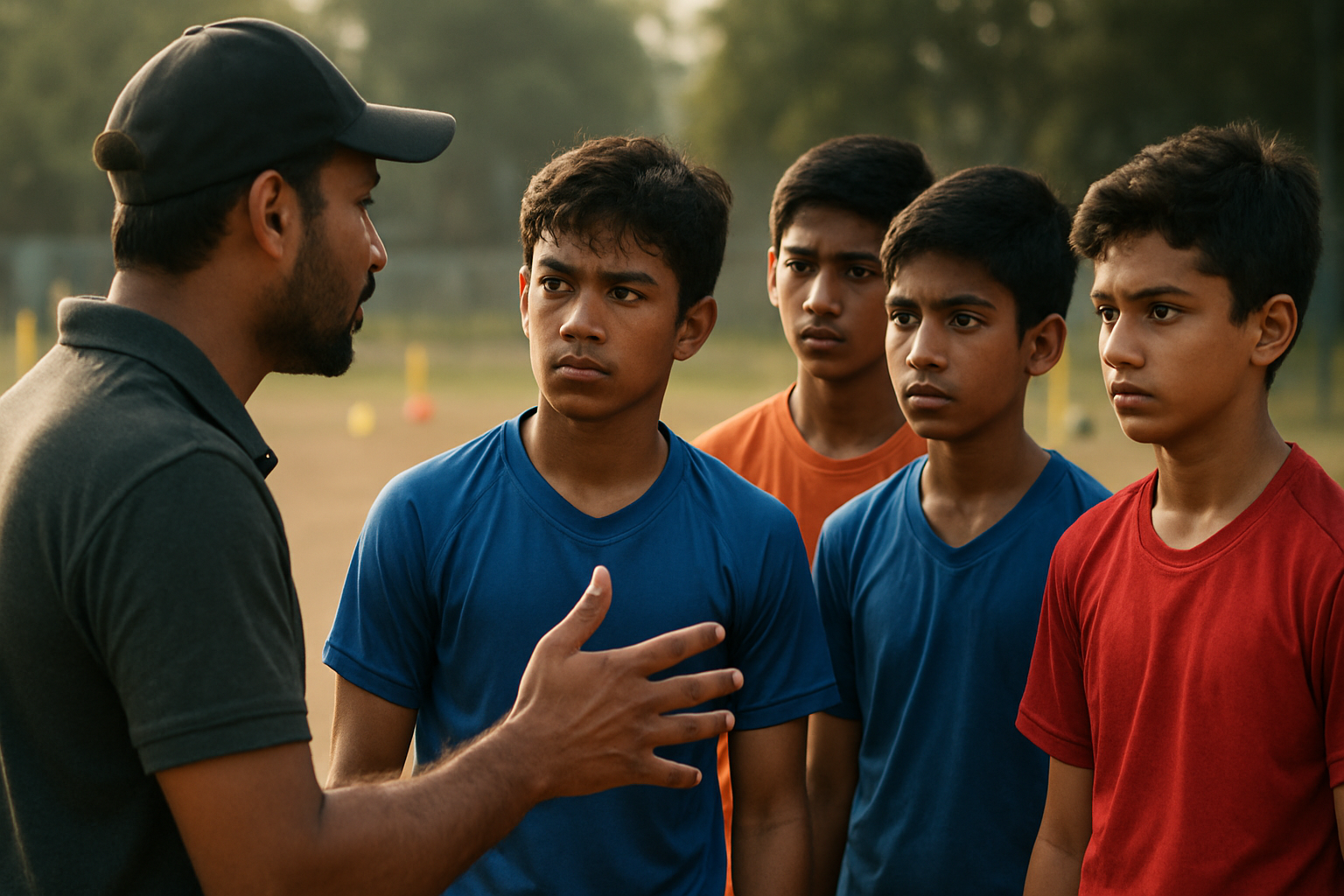 Coach providing feedback to young athletes during sports practice in India