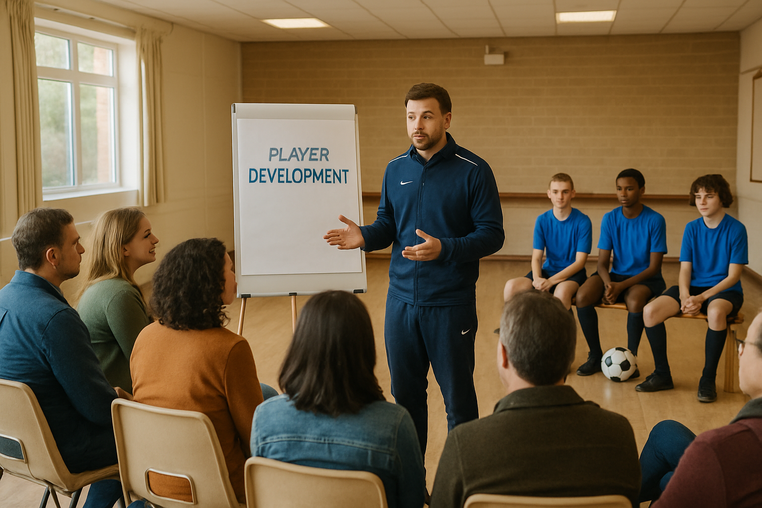 coach discussing development with football academy parents during a meeting
