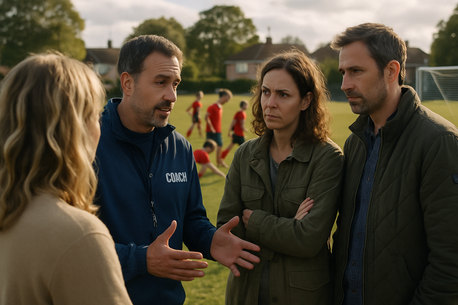 coach resolving a conflict with football parents after a youth training session