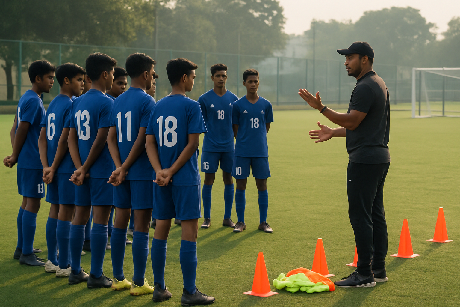 Coach and young players preparing for a football club trial