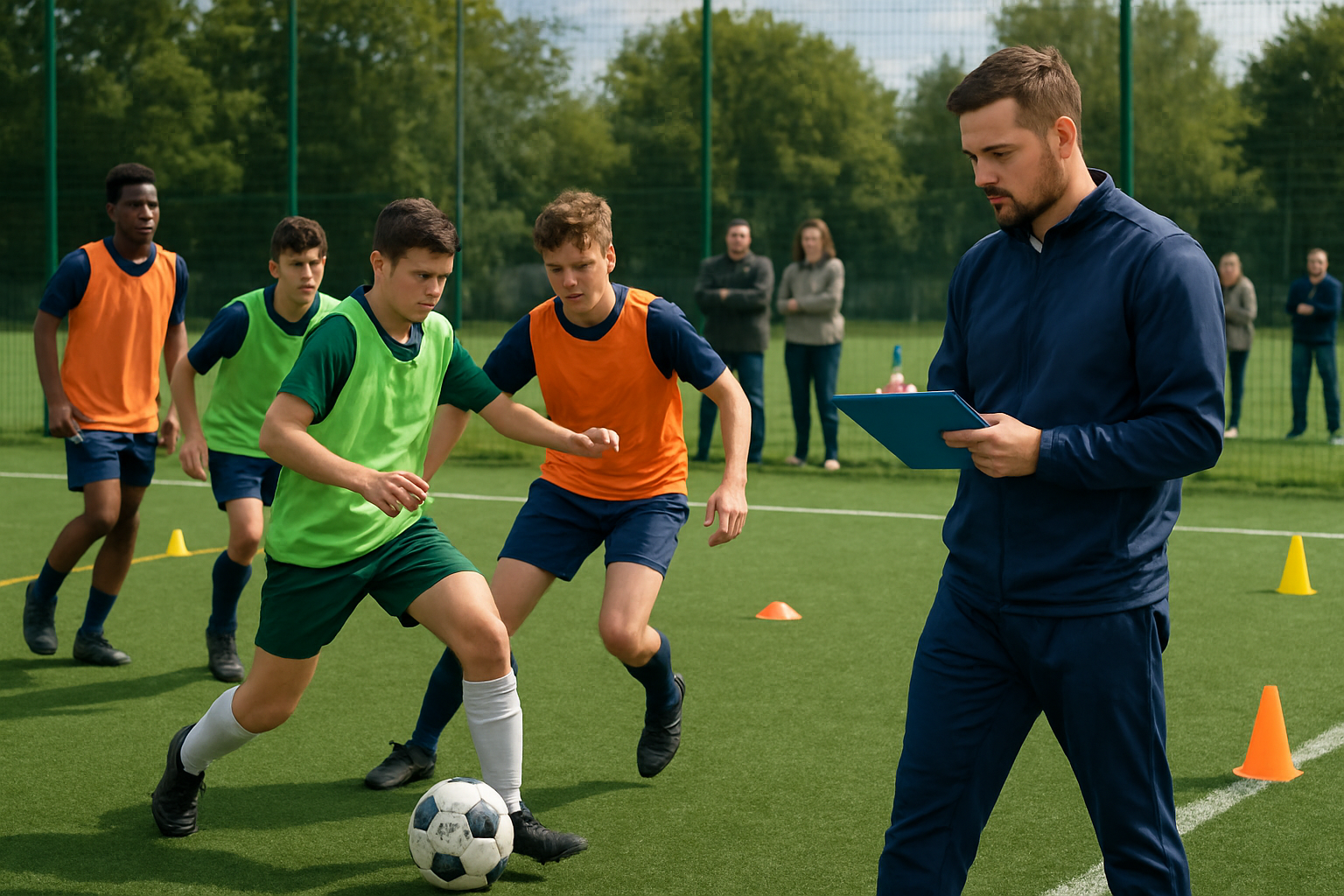Coach assessing trial players in a small-sided football match at a grassroots academy