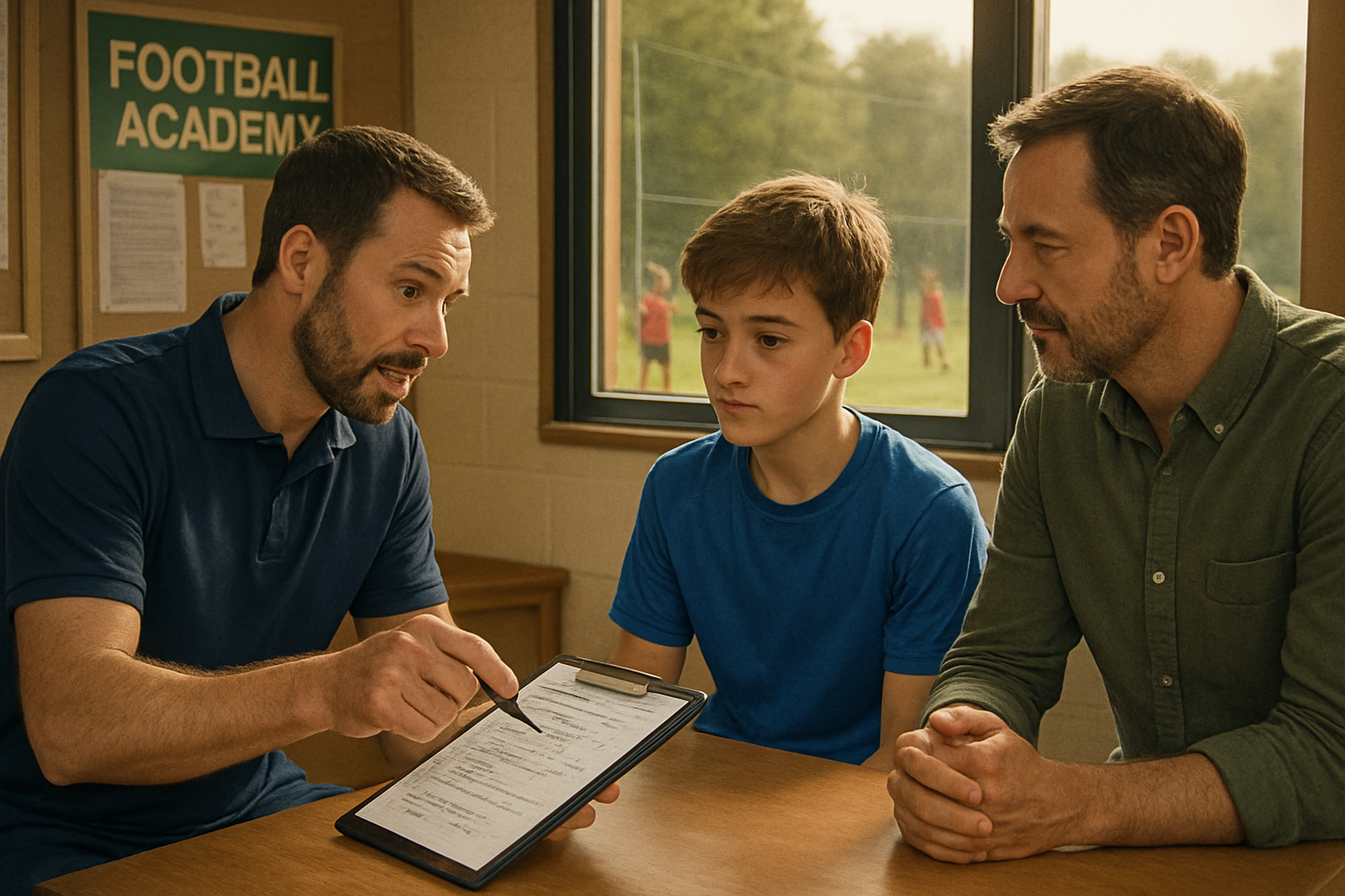 Coach providing personalized feedback to a young football trial player with a parent present