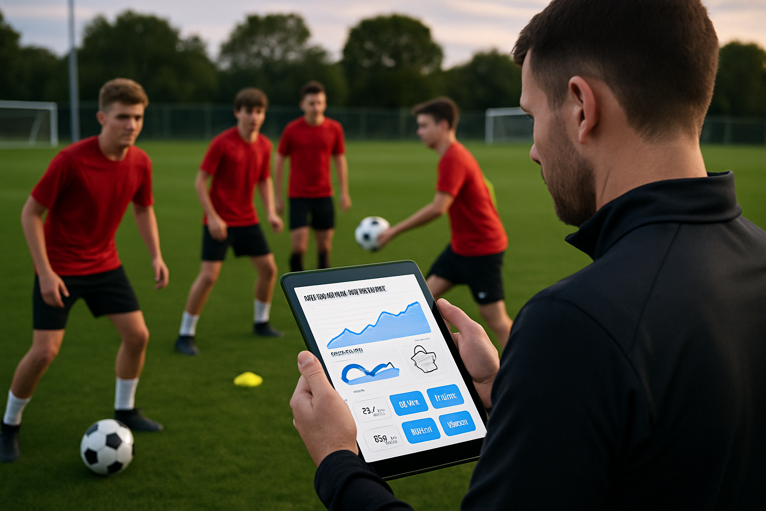 Coach reviewing AI player development report on tablet with youth soccer players training in background