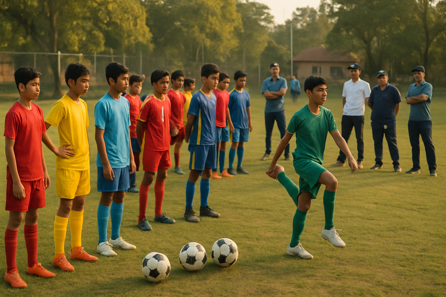 Young Indian players attending a grassroots football trial session in an outdoor academy field