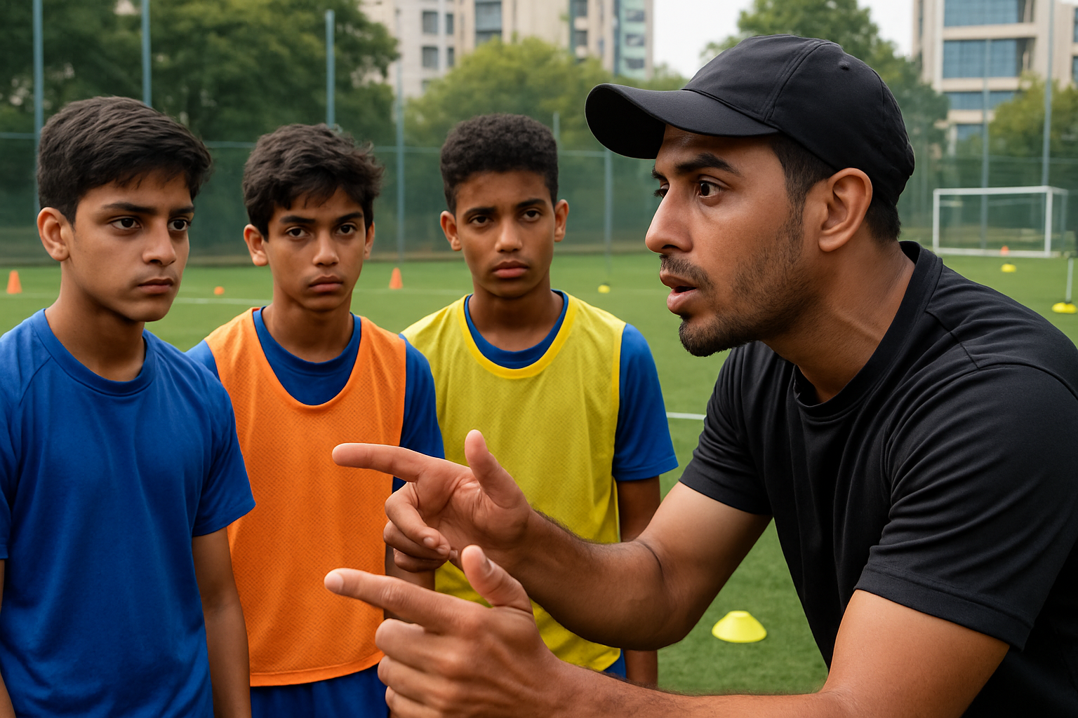 Coach discussing trial preparation with young Indian football players in training