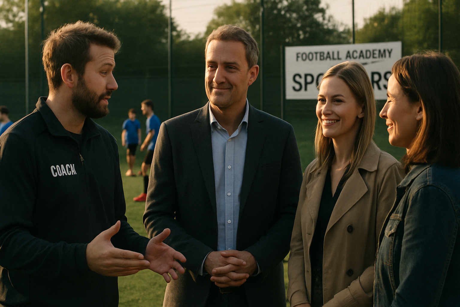 Youth football academy coach discussing sponsorship with local business owners at training ground