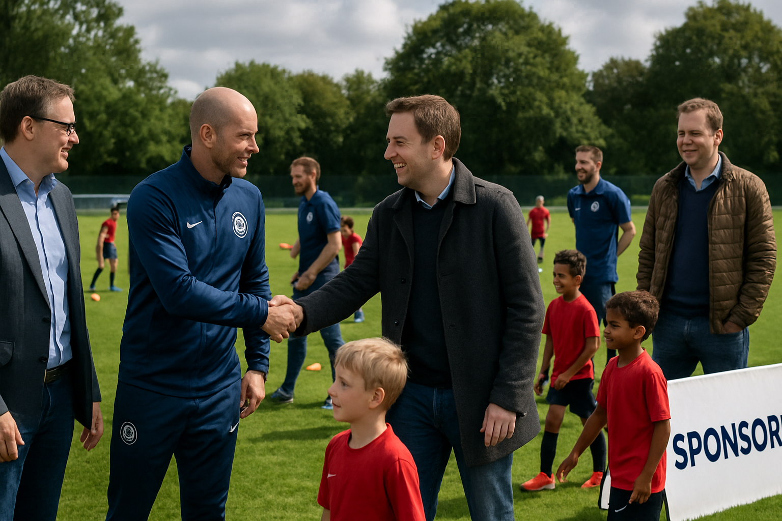 Football academy coach and sponsors at academy event with players