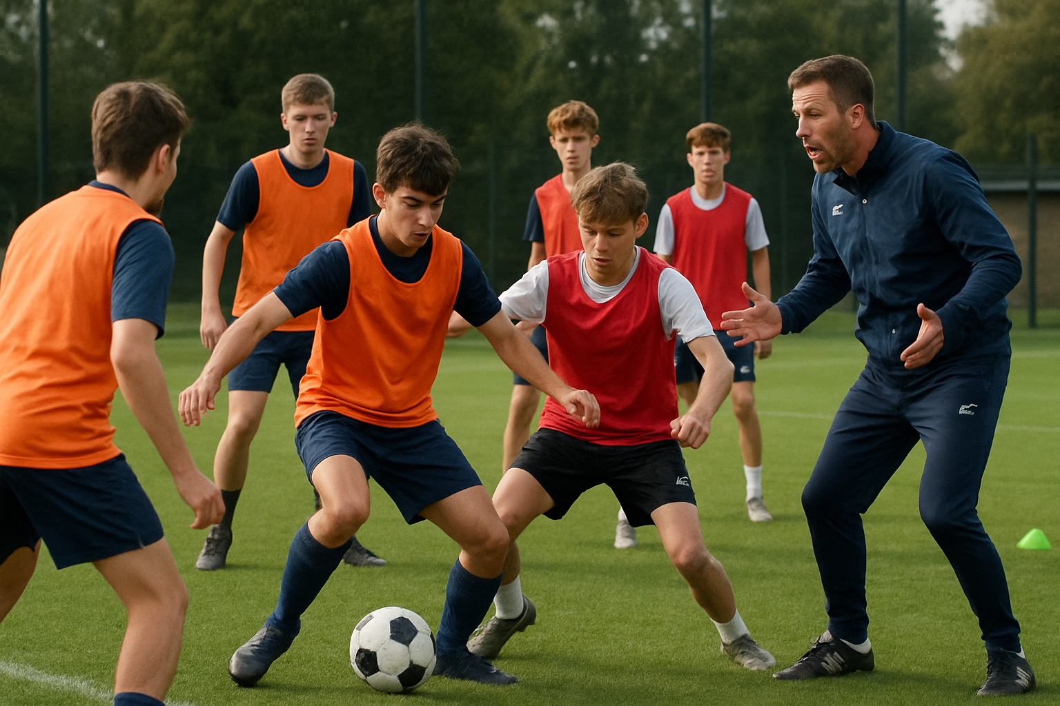 young football players practicing under pressure in a training session