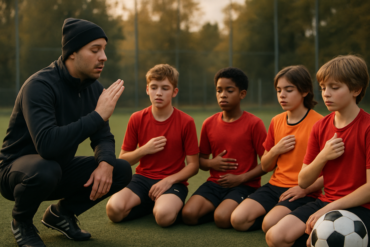 coach demonstrating focus techniques with young football players during training