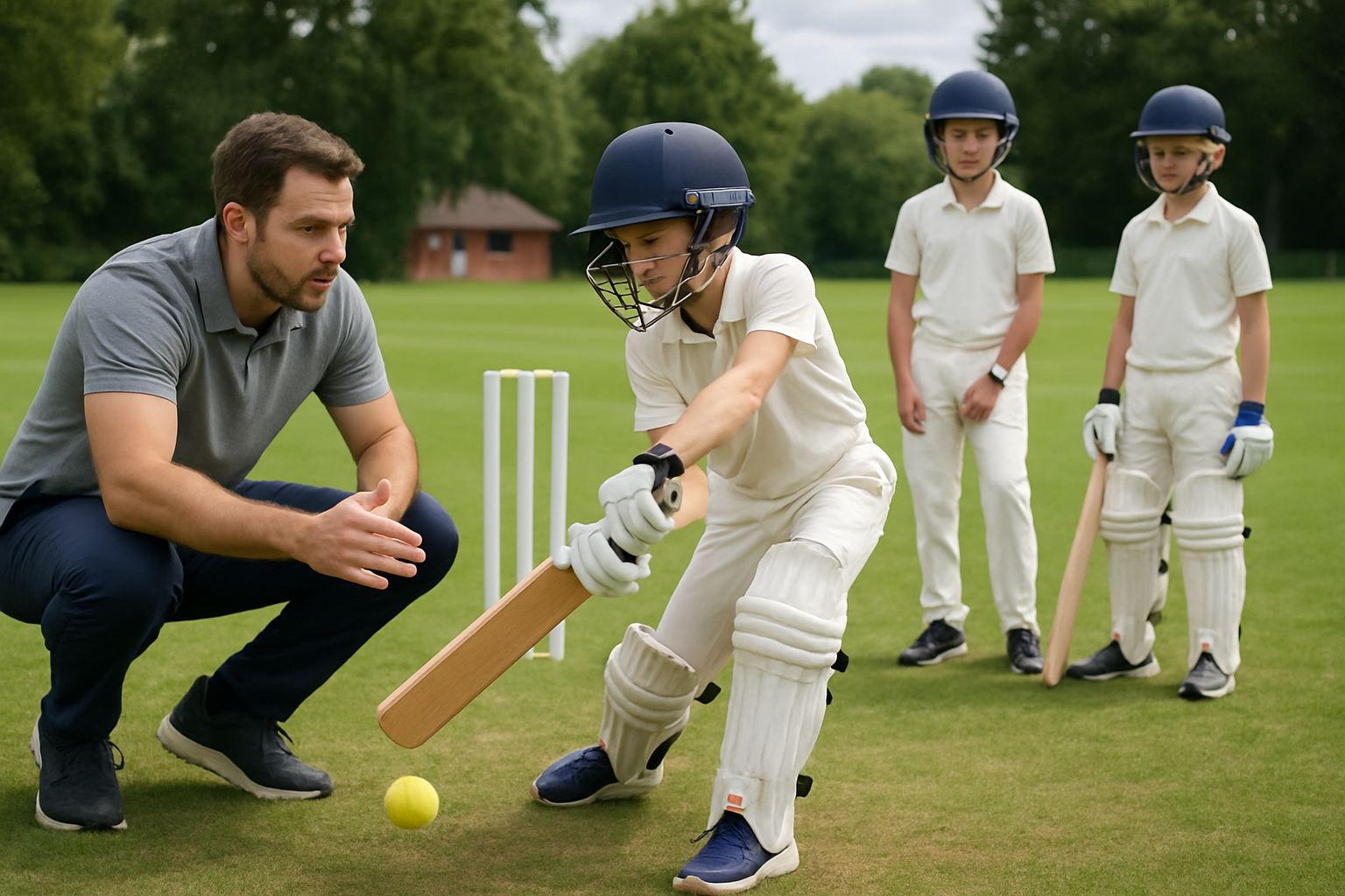 Young cricket players practicing batting technique with coach supervision