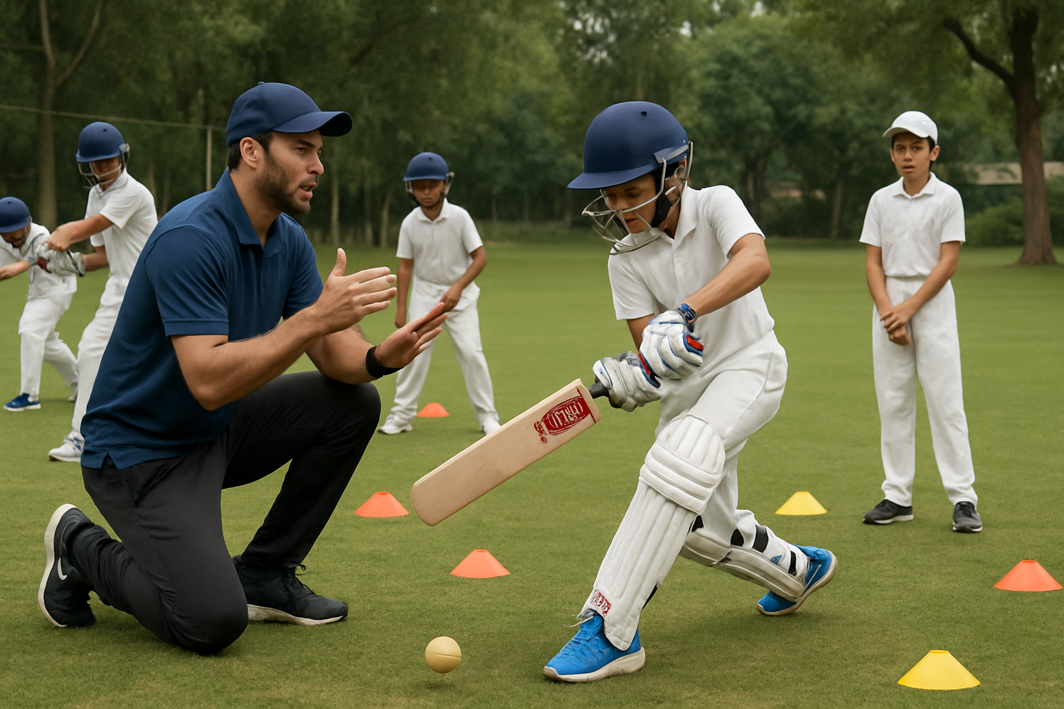 Coach demonstrating structured batting drills with young cricketers during practice