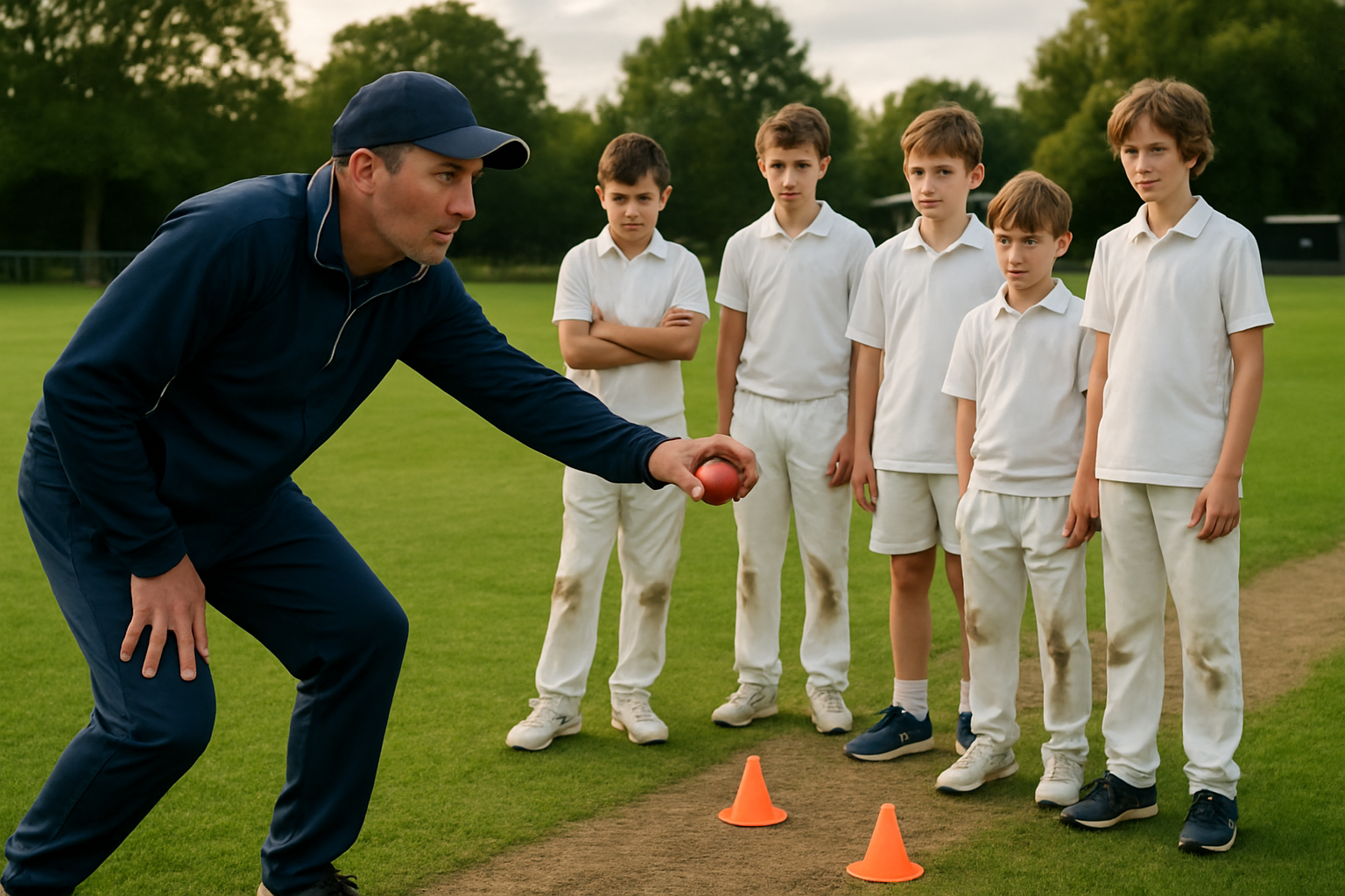 Youth cricket coach demonstrating bowling line and length with cones on a training pitch