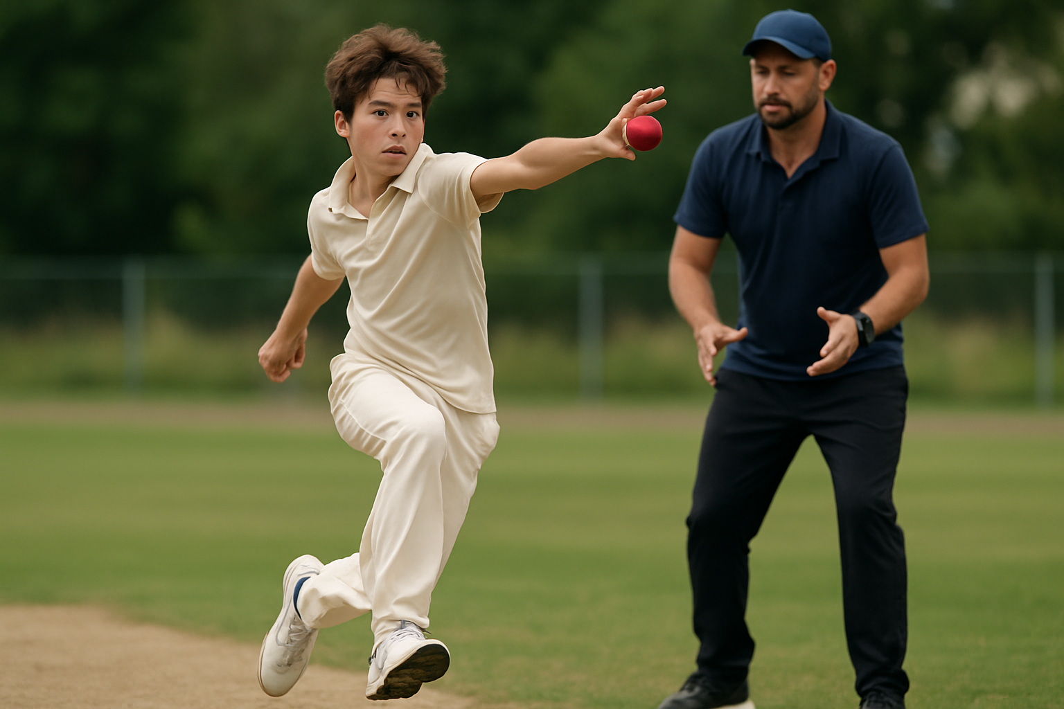 Young bowler practicing controlled run-up and delivery under coach supervision