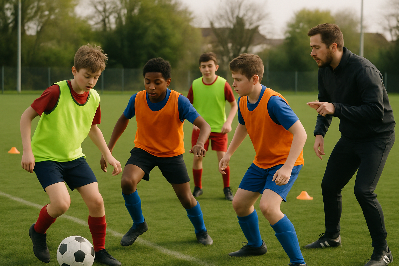 Youth football players in a small-sided game practicing decision-making