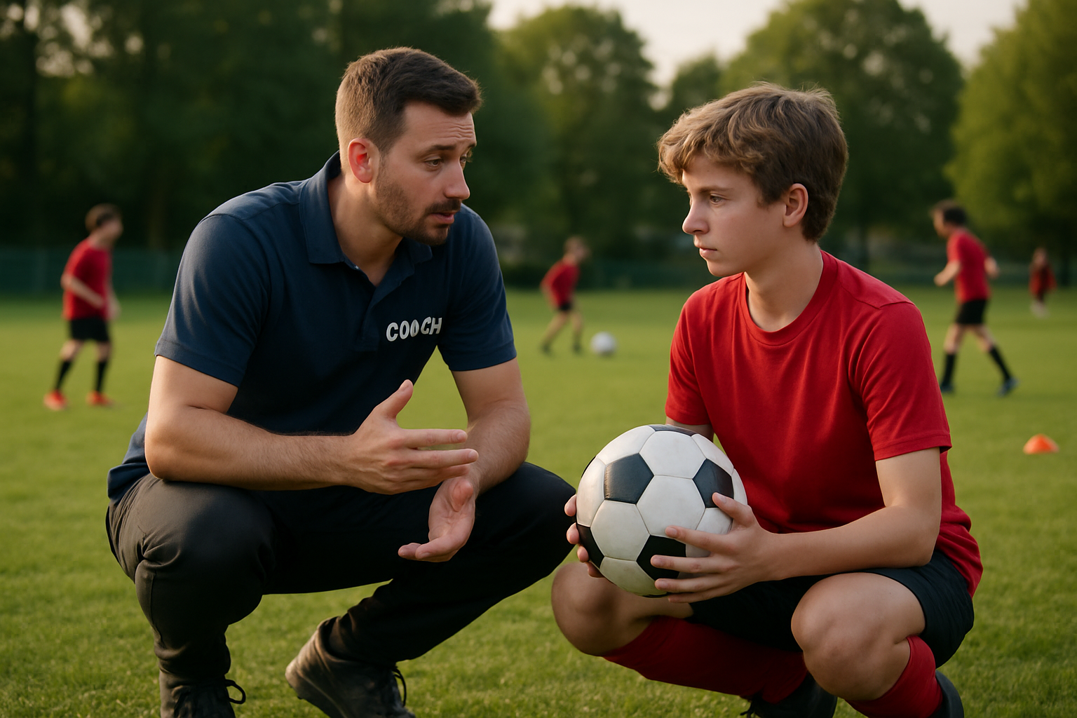 Coach giving feedback to young football player after decision-making drill