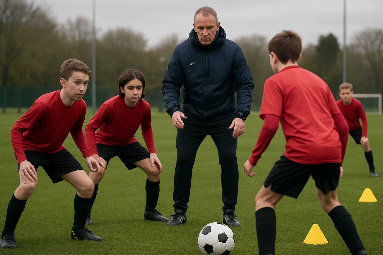 youth football players practicing defensive positioning with coach guidance