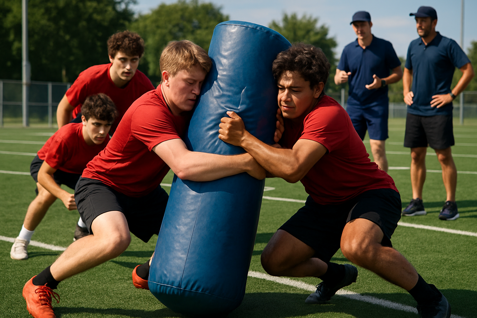 young players working on tackling drills during football practice