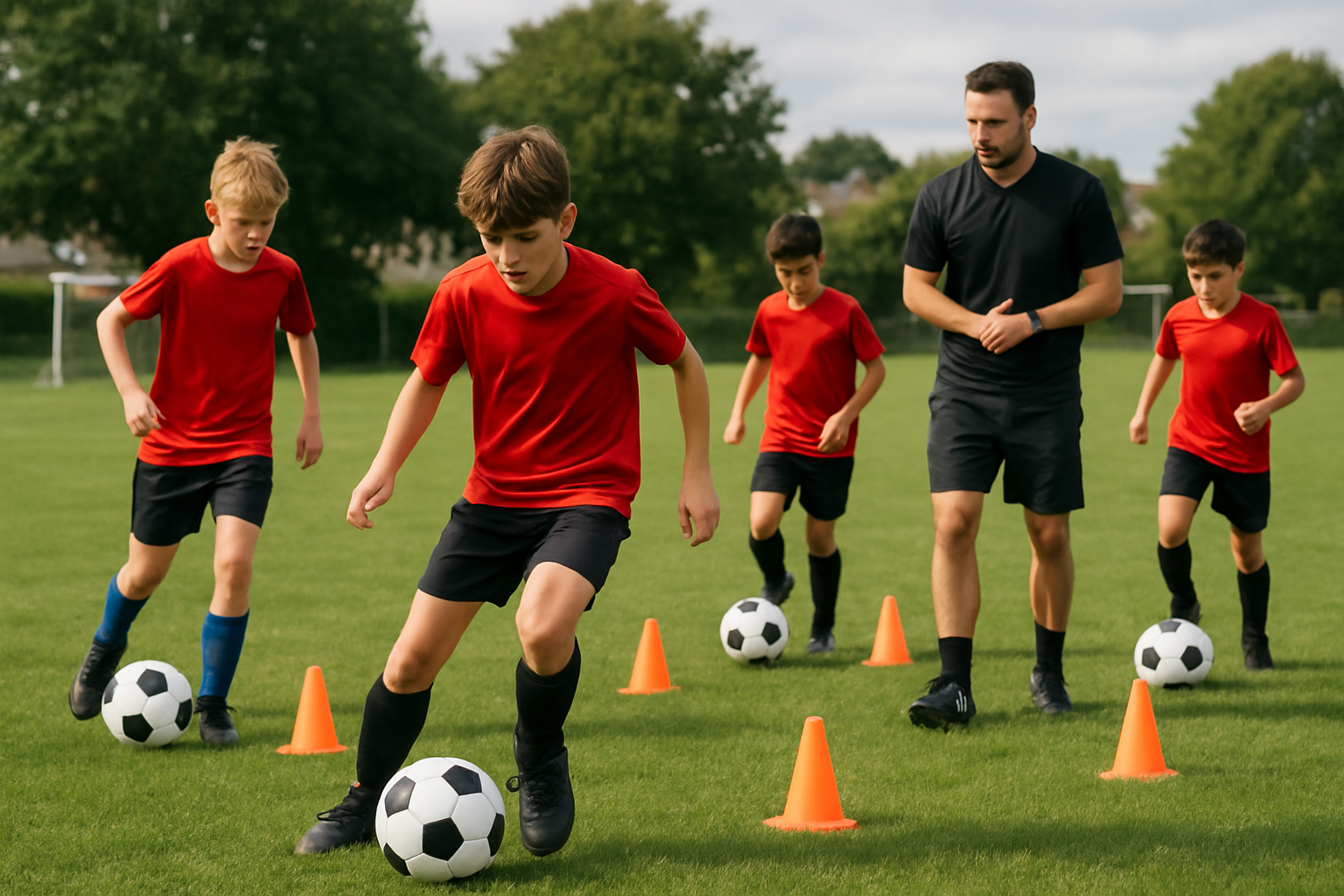 young football player practicing dribbling with cones on grass training ground