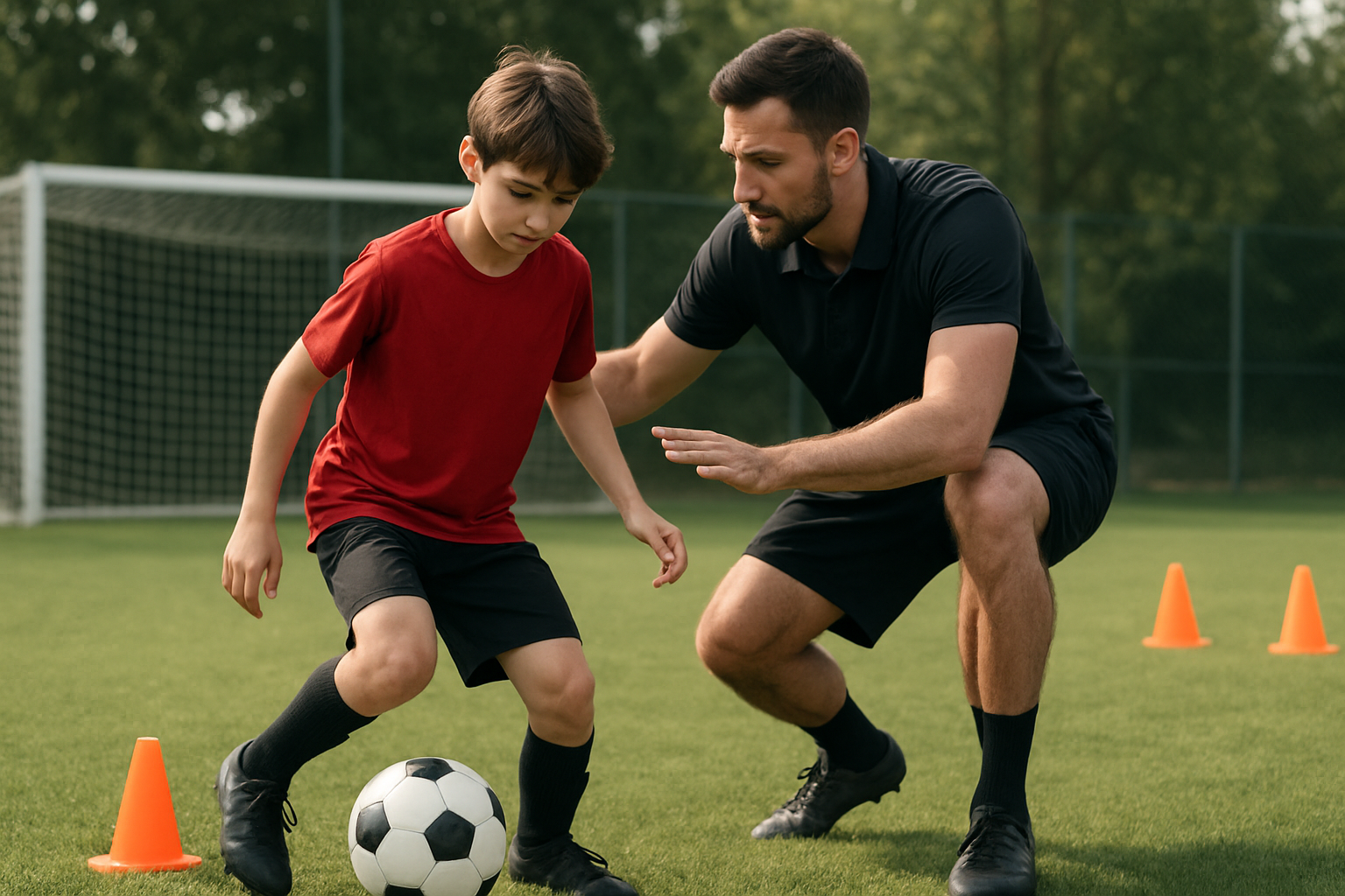 coach working one-on-one with youth player on dribbling exercises during training