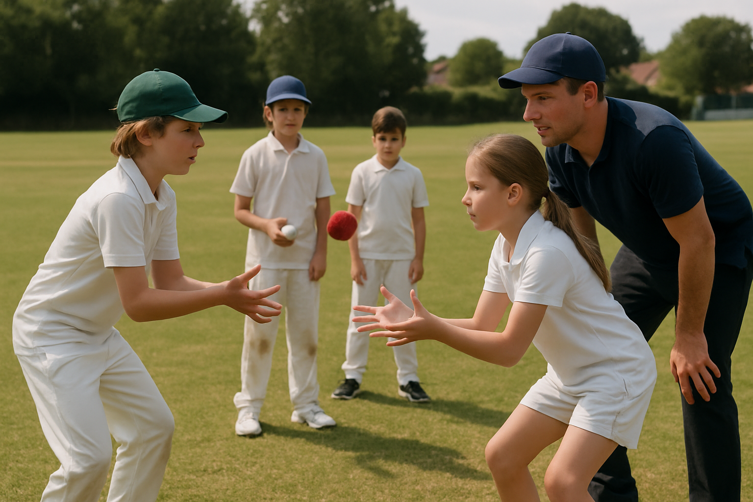 young cricket players practicing basic fielding drills on a local grass ground