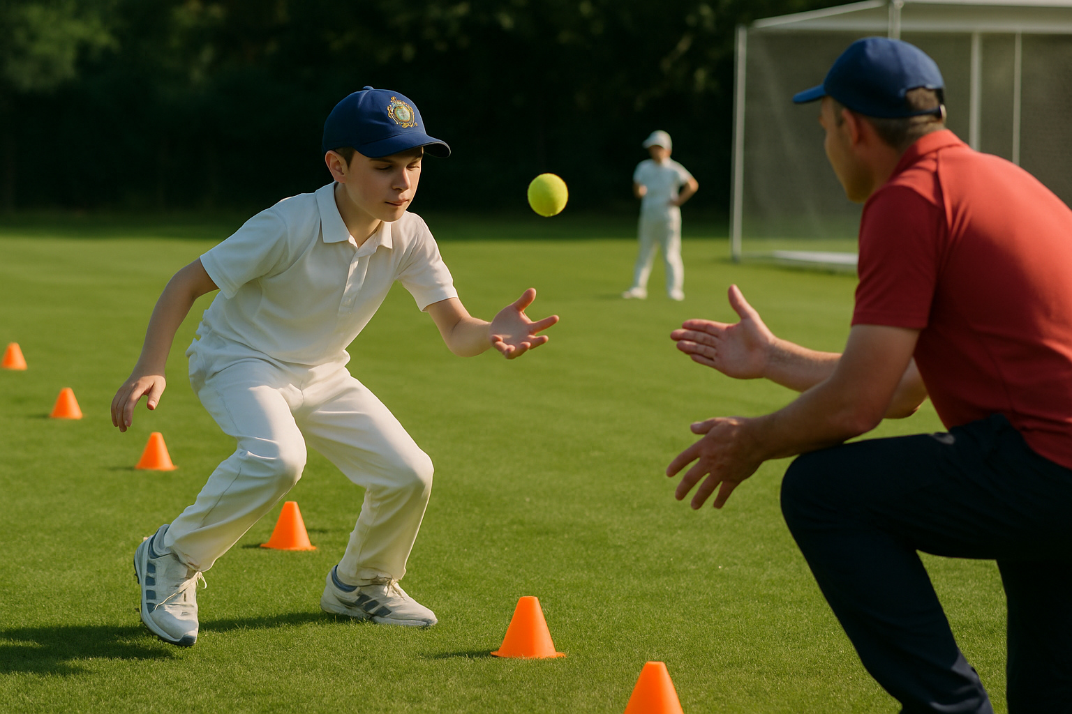 young cricketer performing agility and catching drills with cones and a tennis ball