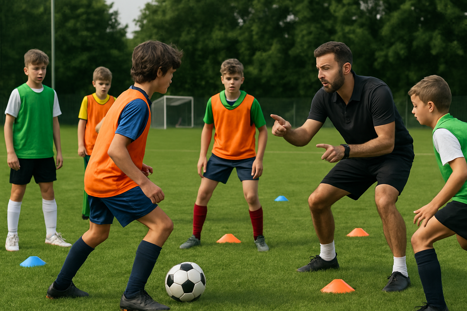 youth football players training cognitive skills with coach on grass pitch