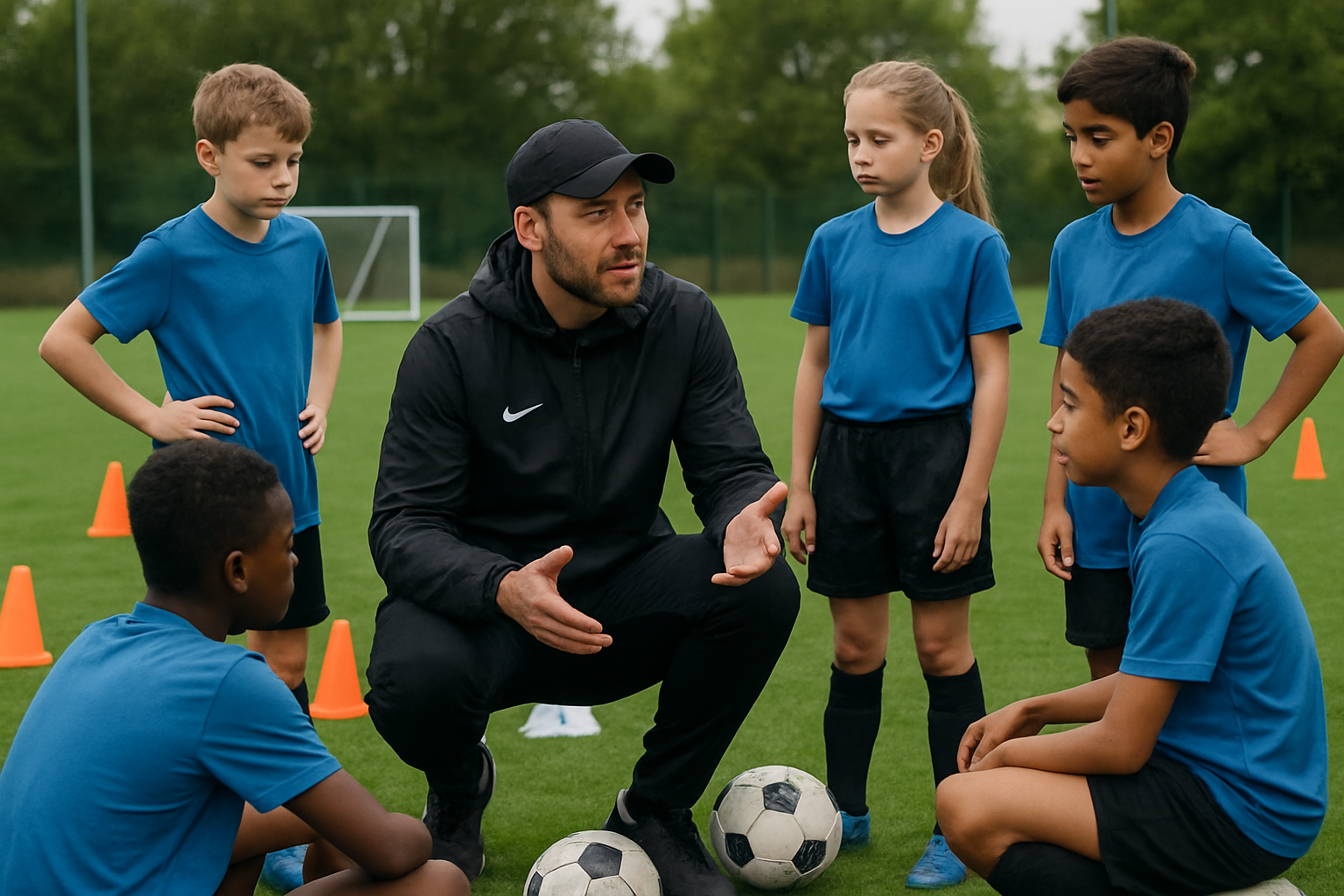 youth football coach engaging players during a structured academy training session