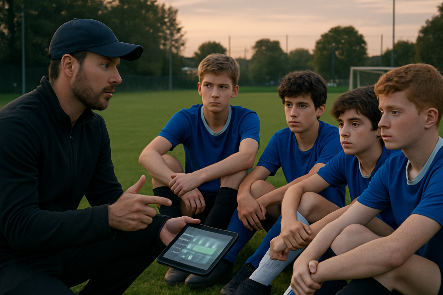 coach reviewing player development with young academy footballers using feedback tools
