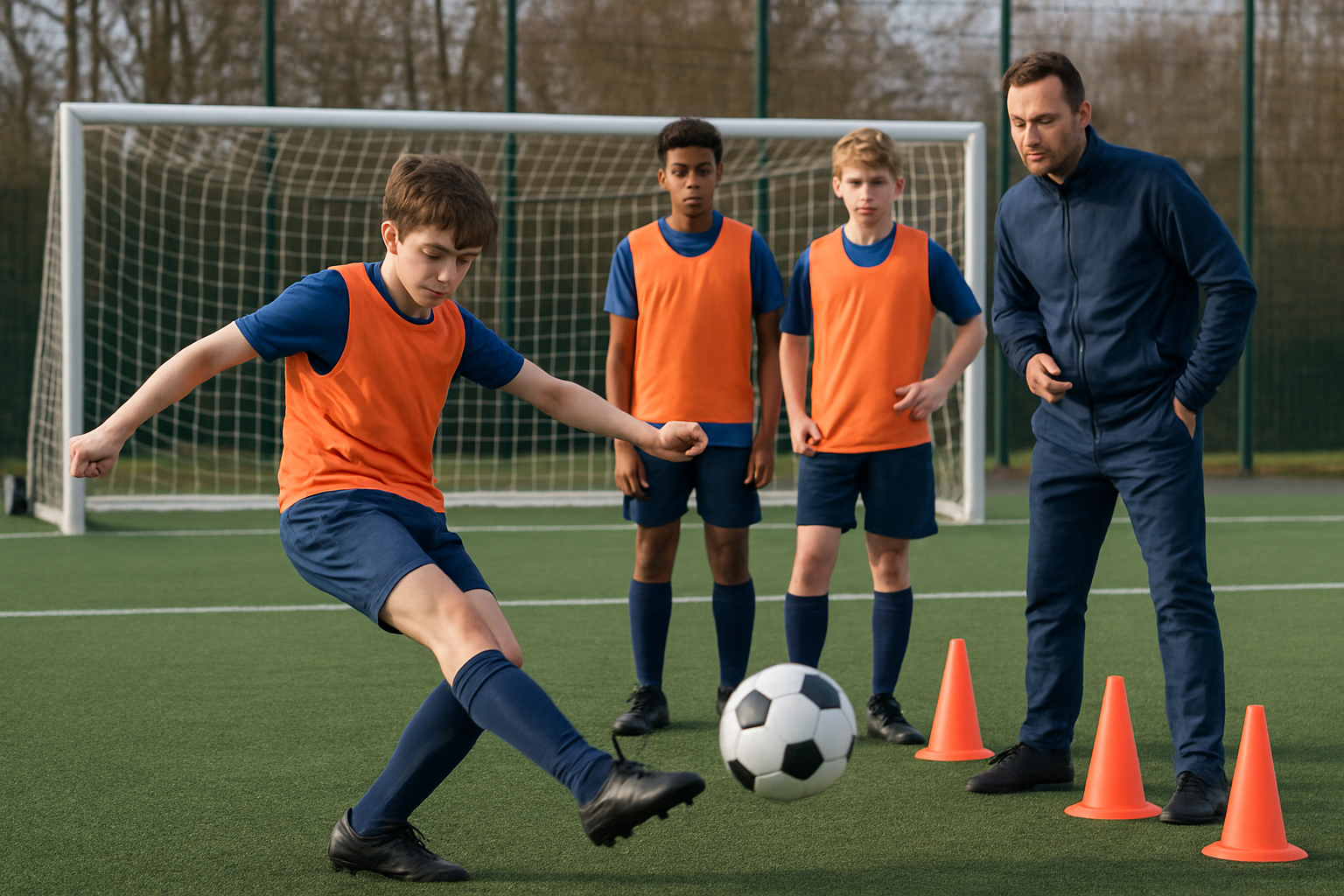 youth football players practicing shooting accuracy drills with coach guidance on local academy pitch