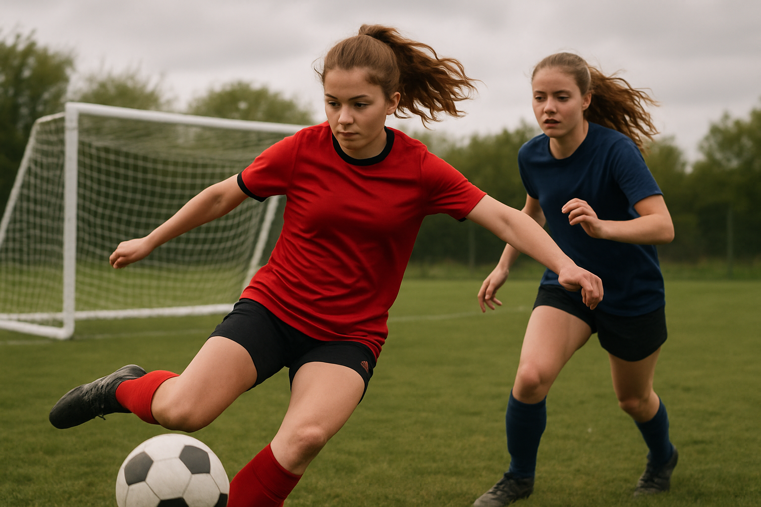 youth player shooting on goal in dynamic drill under training pressure
