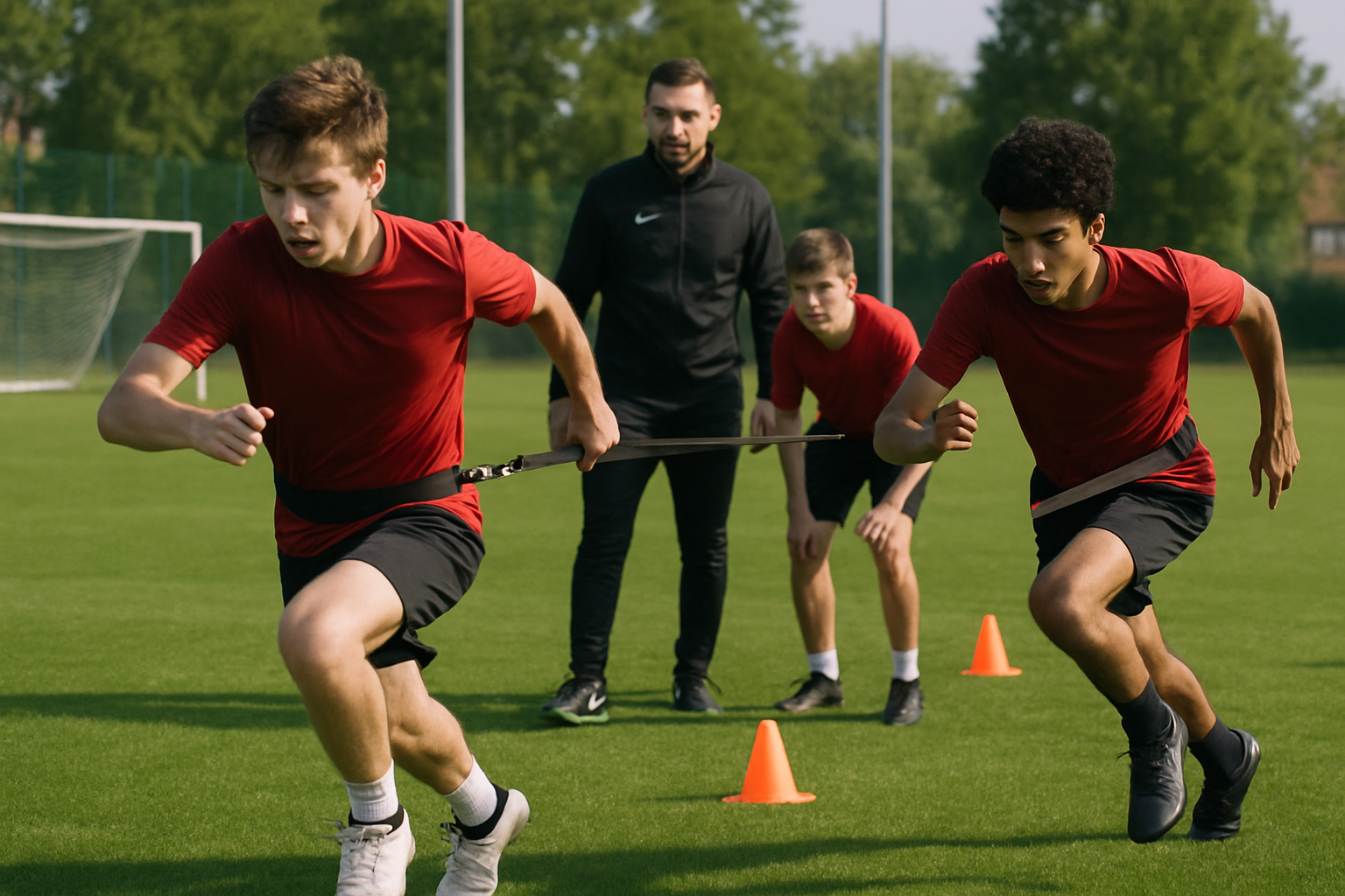 youth football players performing acceleration drills on grass