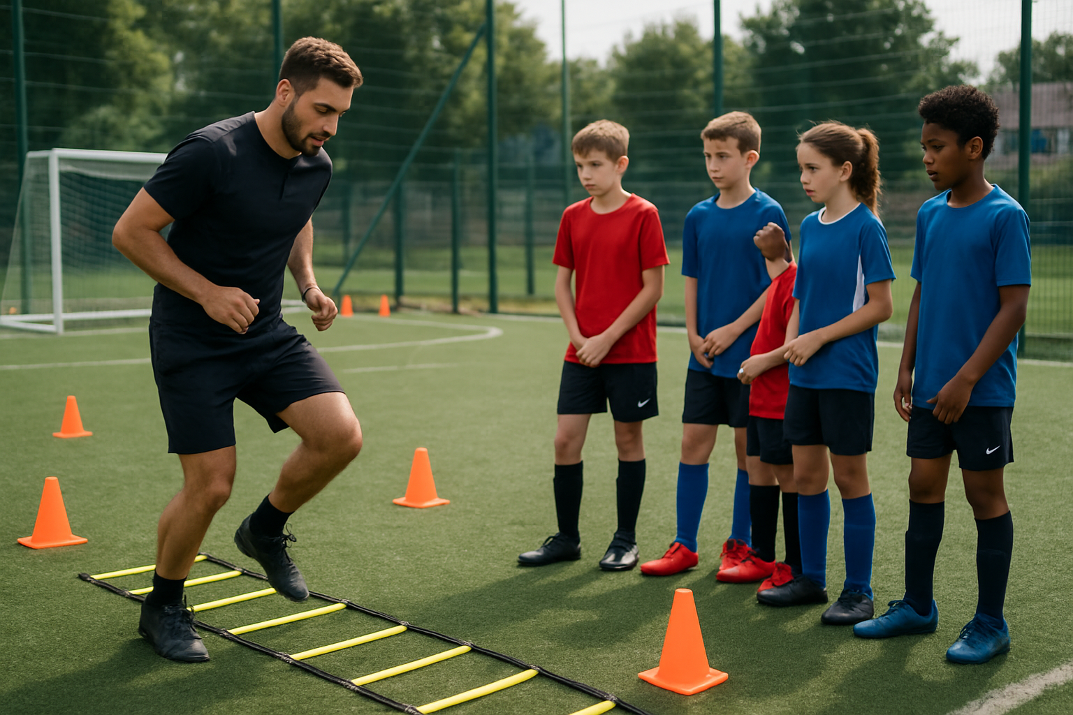 football coach demonstrating speed and agility ladder drill with young players