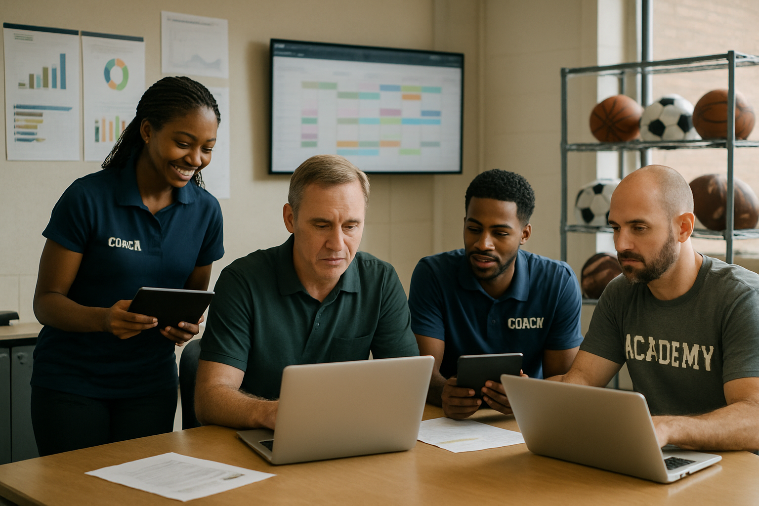 Staff coordinating multi-center sports academy scheduling on digital devices