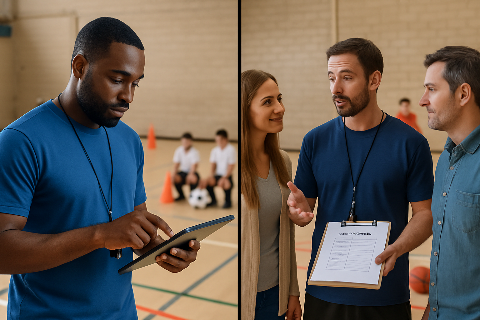 Coach giving structured feedback to youth players at multiple sports academy locations