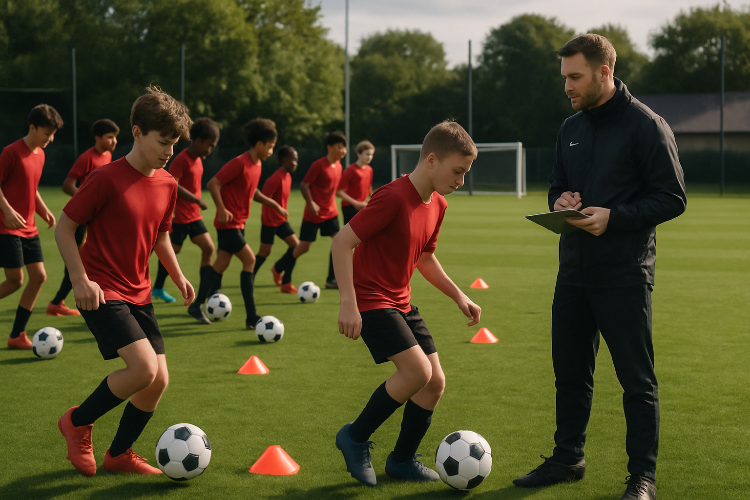 Youth football coach evaluating players during a grassroots training session