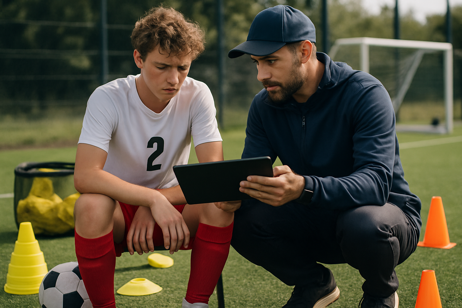 Coach and player reviewing performance feedback using a tablet after training