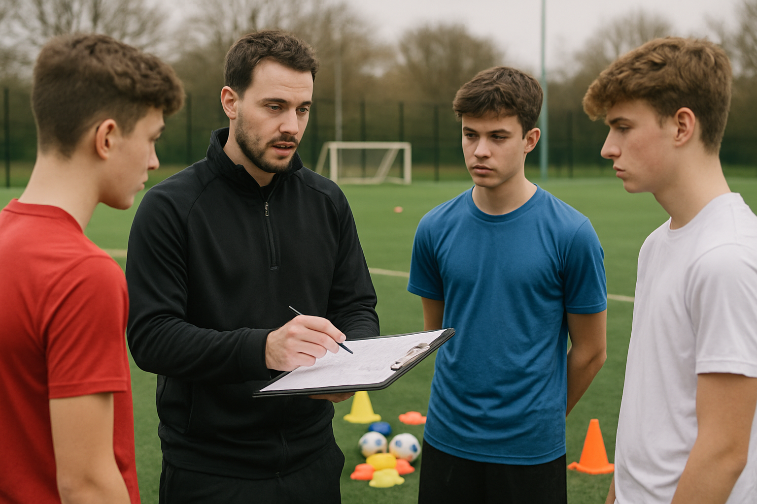 Youth football coach planning weekly training session on a local academy field