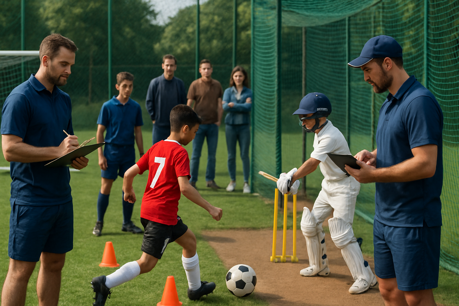 Football and cricket coaches evaluating young players during a structured trial session with data tracking
