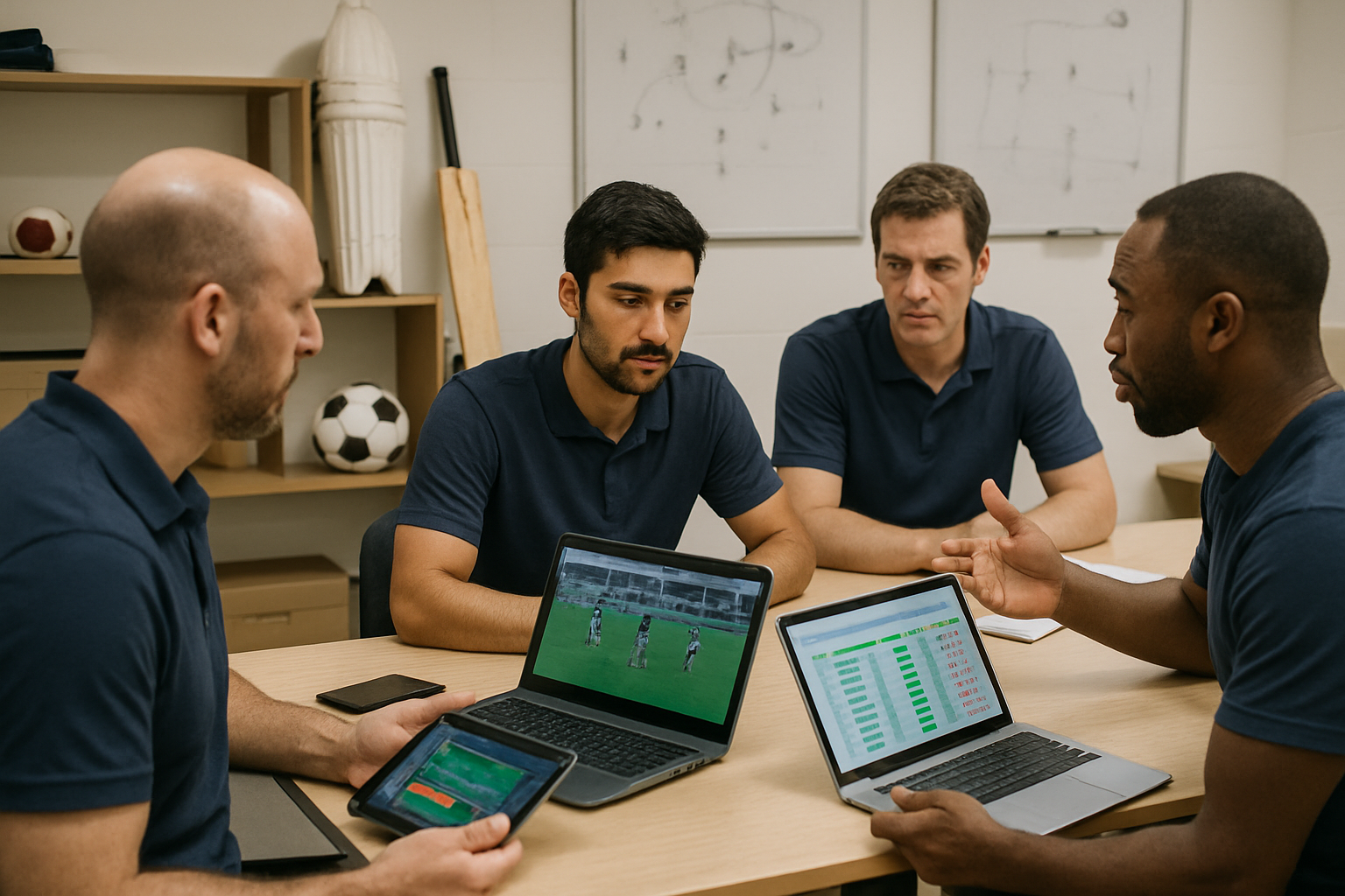 Coaches reviewing video assessments and player performance data in a grassroots football and cricket academy office