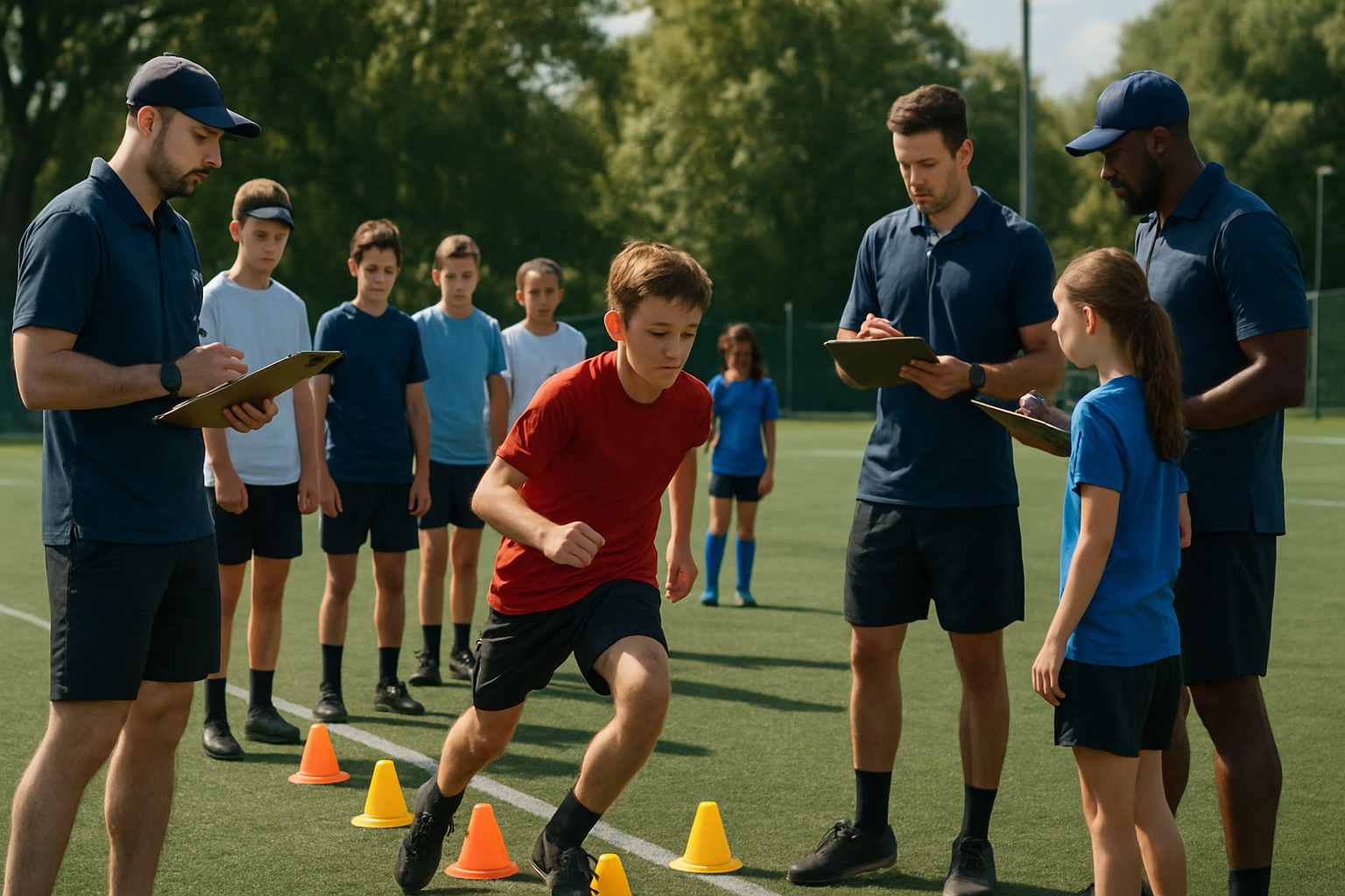 youth athletes participating in a well-organized sports trial session with multiple coaches observing