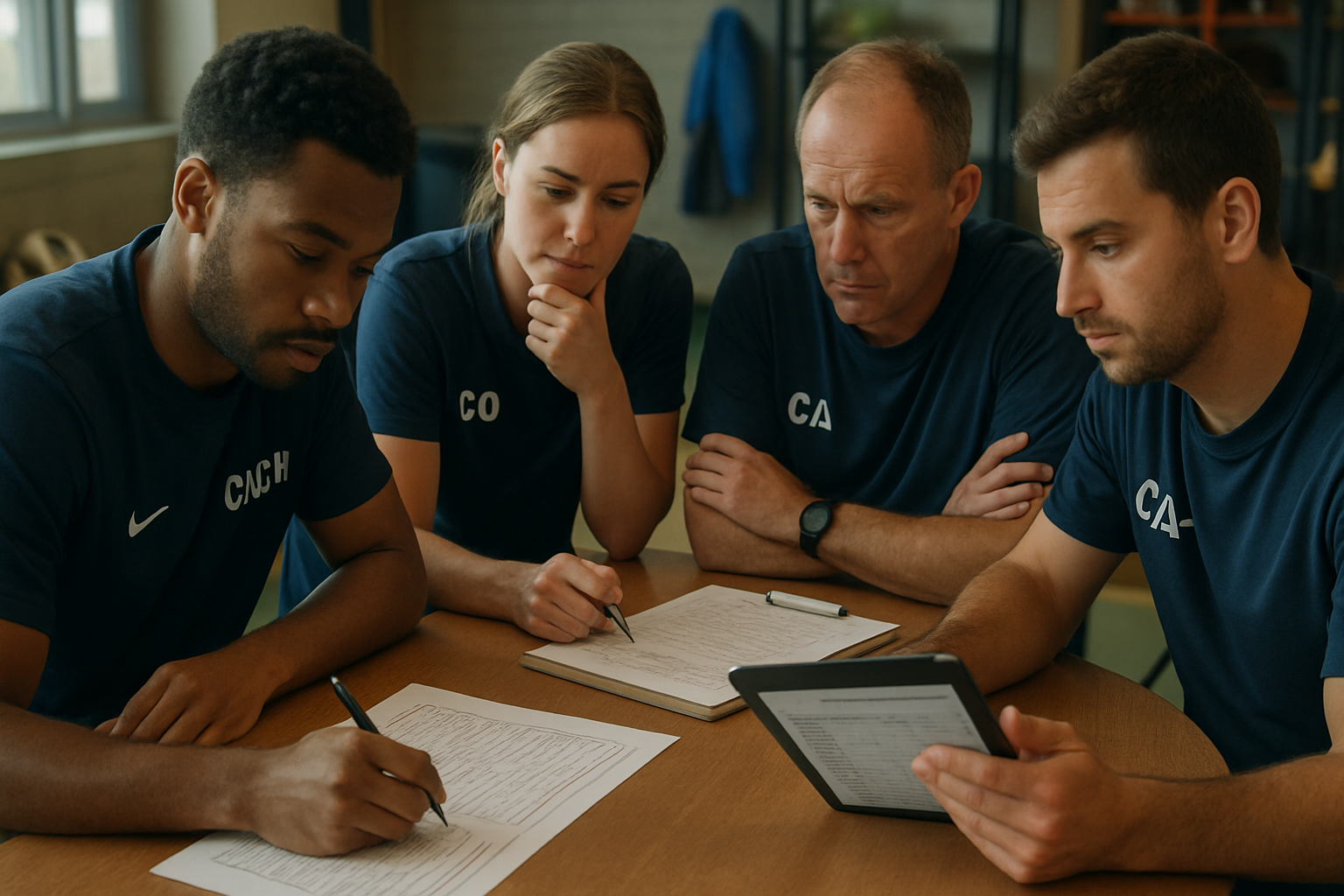 coaches reviewing assessment sheets and discussing player performances after a youth sports trial
