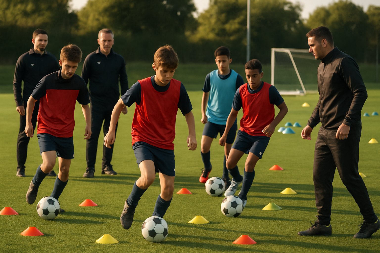 Youth football coaches organizing and observing a grassroots football trial on a local academy field